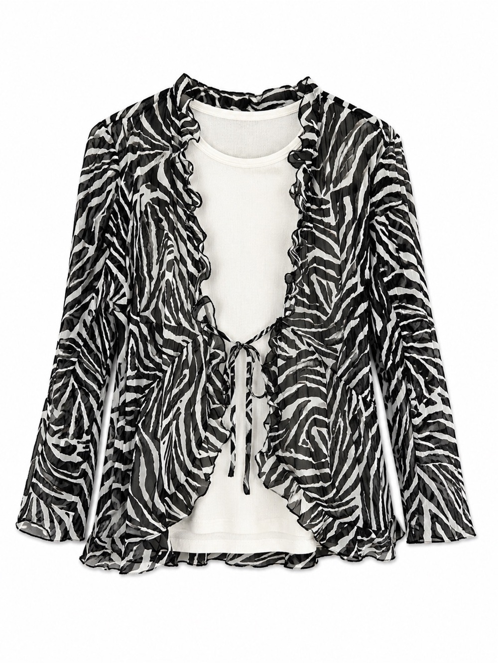 Y2K vintage Sheer Zebra Print Tie-Front Cardigan - Black & White